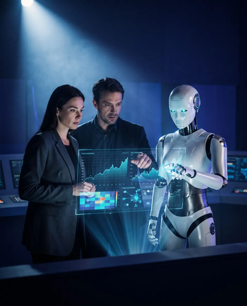Dua profesional dan robot AI humanoid menganalisis dashboard pasar holografik bersama-sama