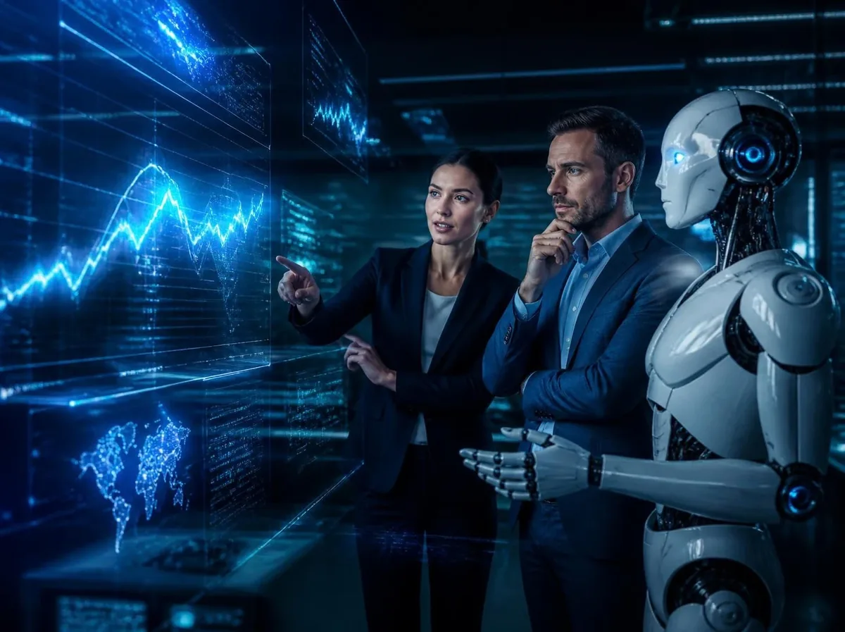 Dua profesional bekerja bersama robot AI humanoid sambil memantau dashboard perkembangan pasar secara real-time